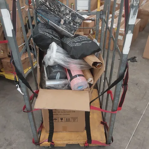 CAGE OF ASSORTED CONSUMER PRODUCTS/FURNITURE PARTS INCLUDING: YOGA MAT, FOAM ROLLER ECT // CAGE NOT INCLUDED 