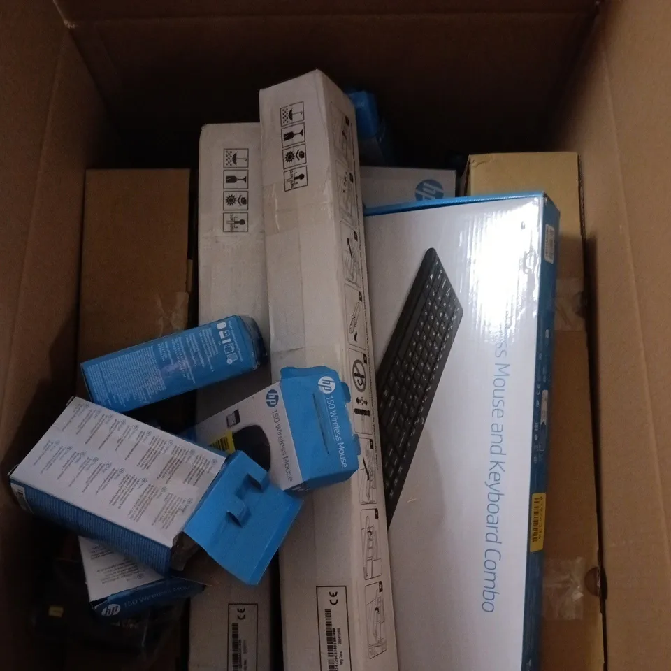 BOX OF APPROXIMATELY 20 ASSORTED ITEMS TO INCLUDE HP 230 MOUSE AND KEYBOARD COMBO, KATUN PRINTER CARTRIDGE, HP INK CARTRIDGE ETC