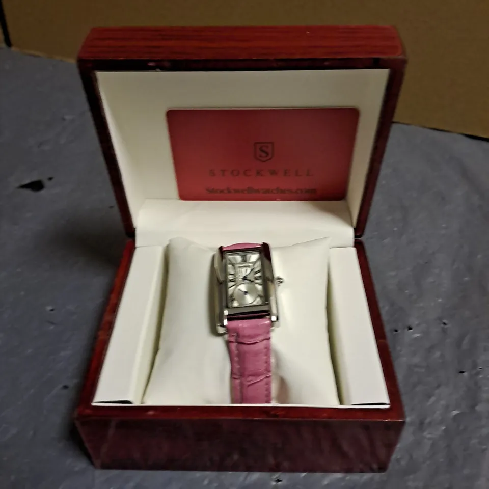 STOCKWELL LADIES WATCH WITH TEXTURED DIAL WITH SUB DIAL MINUTE HAND AND PINK LEATHER STRAP IN GIFT BOX