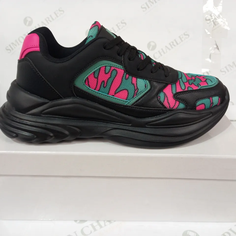 BOXED PAIR OF KOI VEGAN TRAINERS IN BLACK/PINK/GREEN PATTERN SIZE UNSPECIFIED