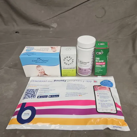 TOTE OF APPROXIMATELY 15 ASSORTED HEALTHCARE PRODUCTS TO INCLUDE BOUNTY PREGNANCY PACKS - CBD OIL SPRAY AND MENOPAUSE SUPPORT SUPPLEMENTS