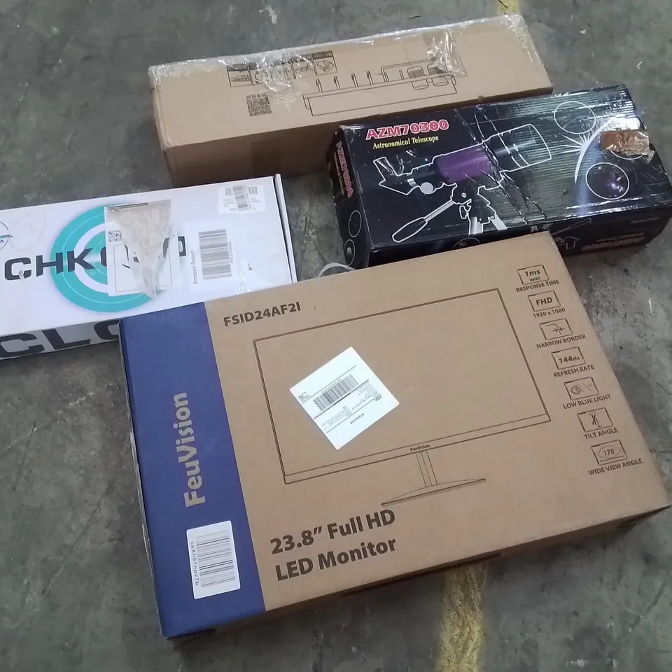 PALLET CONTAINING VARIOUS ASSORTED ITEMS TO INCLUDE:SPICE RACK, TELESCOPE, CLOCK,LED MONITOR AND OTHER ASSORTED ITEMS...