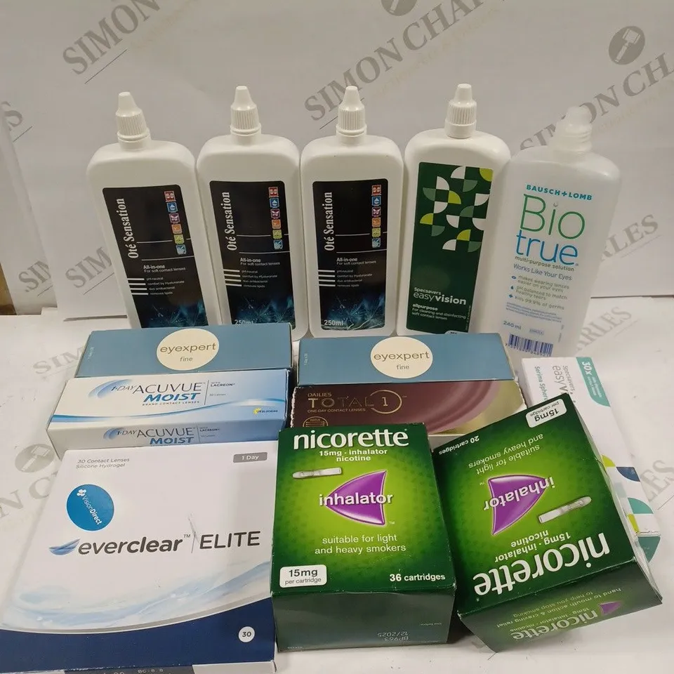 BOX TO CONTAIN APPROX. 25 X ASSORTED VISION CARE & ANTI-SMOKING PRODUCTS. INCLUDES CONTACT LENSES & CLEANING SOLUTION, NICORETTE GUM ETC. - COLLECTION ONLY