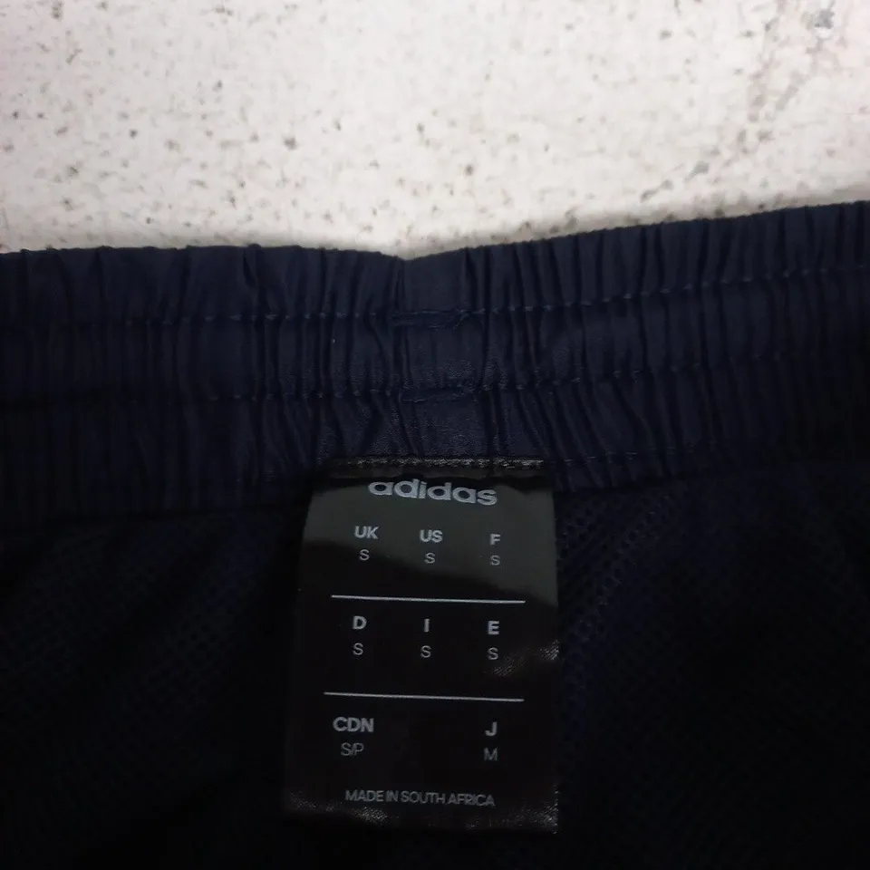 ADIDAS NAVY TRACK PANTS – UK S, WITH WHITE SIDE STRIPES
