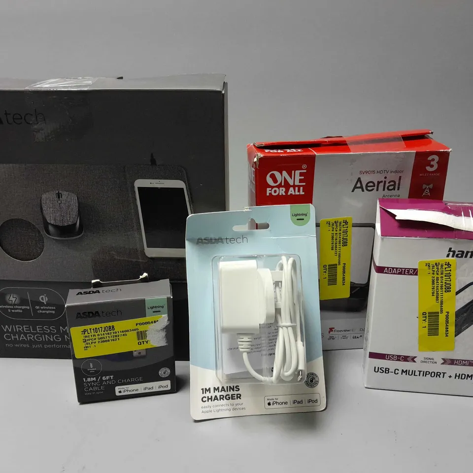 APPROXIMATELY 16 ASSORTED ELECTRICAL ITEMS TO INCLUDE ONE FOR ALL AERIAL, HAMA USB-C MULTIPORT, WIRELESS MOUSE & PHONE CHARGING MAT, ETC