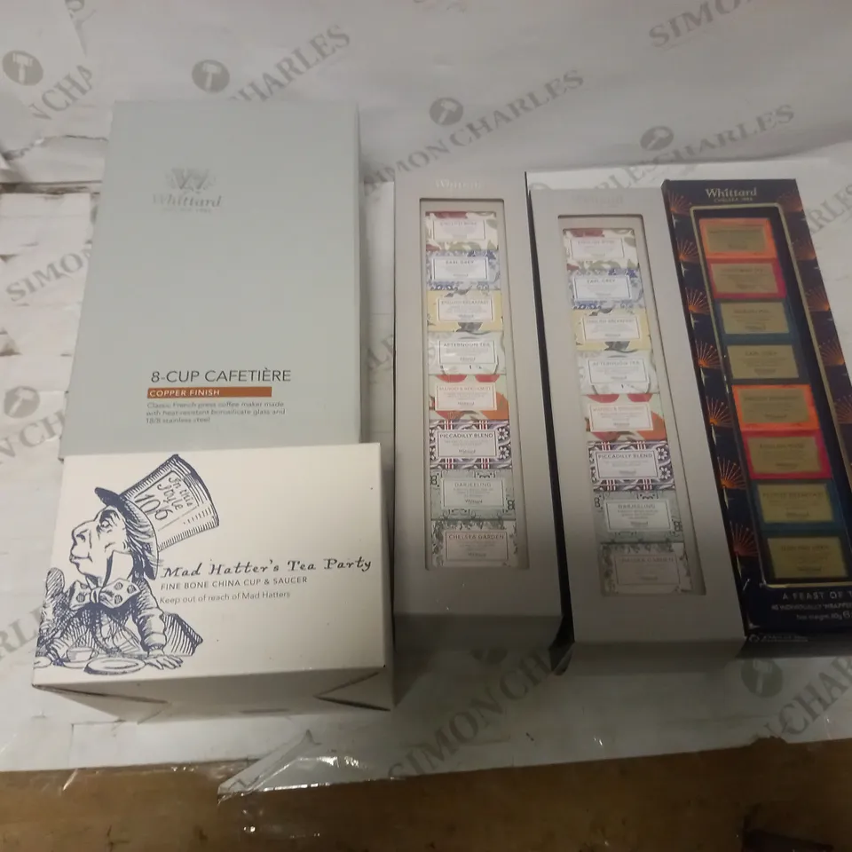 LOT OF 5 ASSORTED WHITTARD OF CHELSEA ITEMS TO INCLUDE TEA SELECTION, BONE CHINA CUP & SAUCER AND CAFETIERE