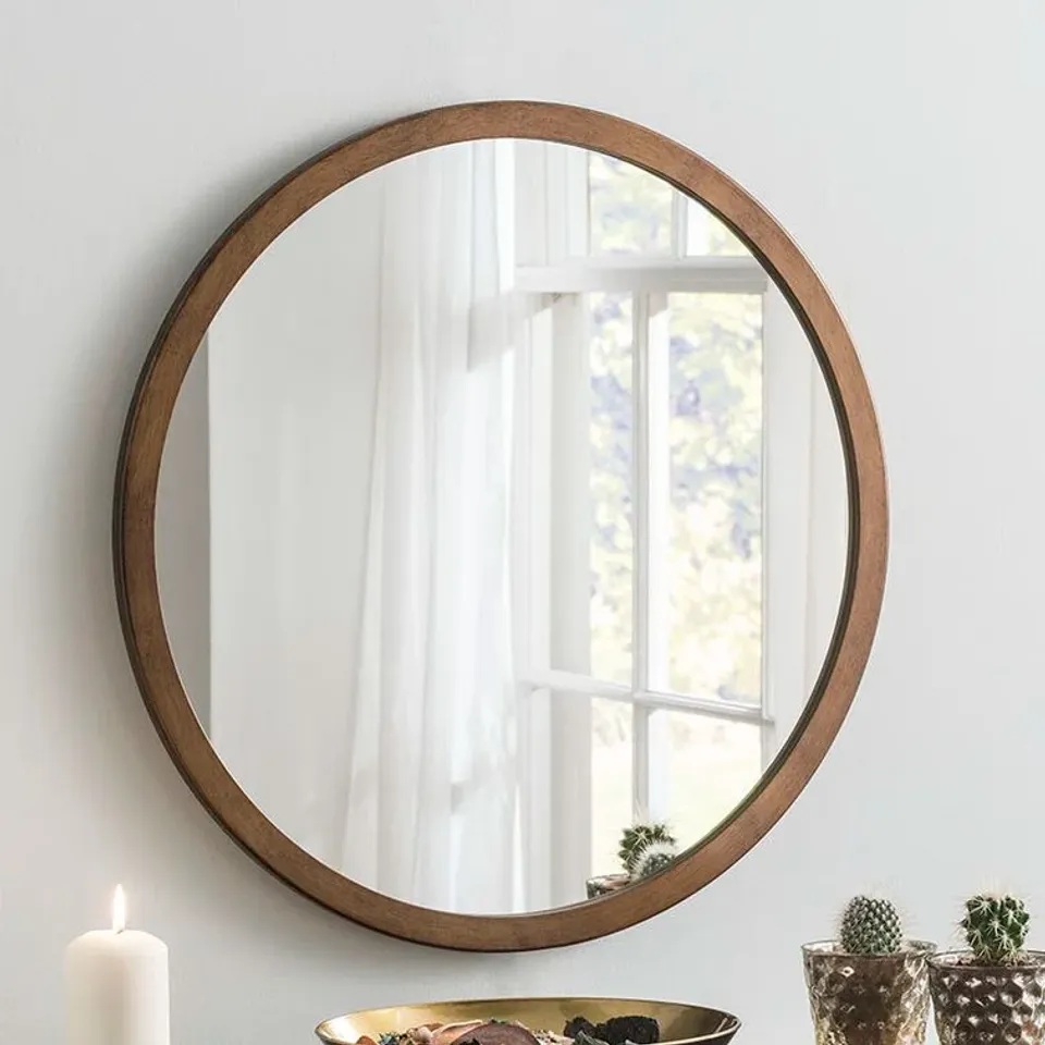 BOXED TABATHA ROUND WOOD FRAMED WALL MOUNTED ACCENT MIRROR - BROWN (1 BOX)