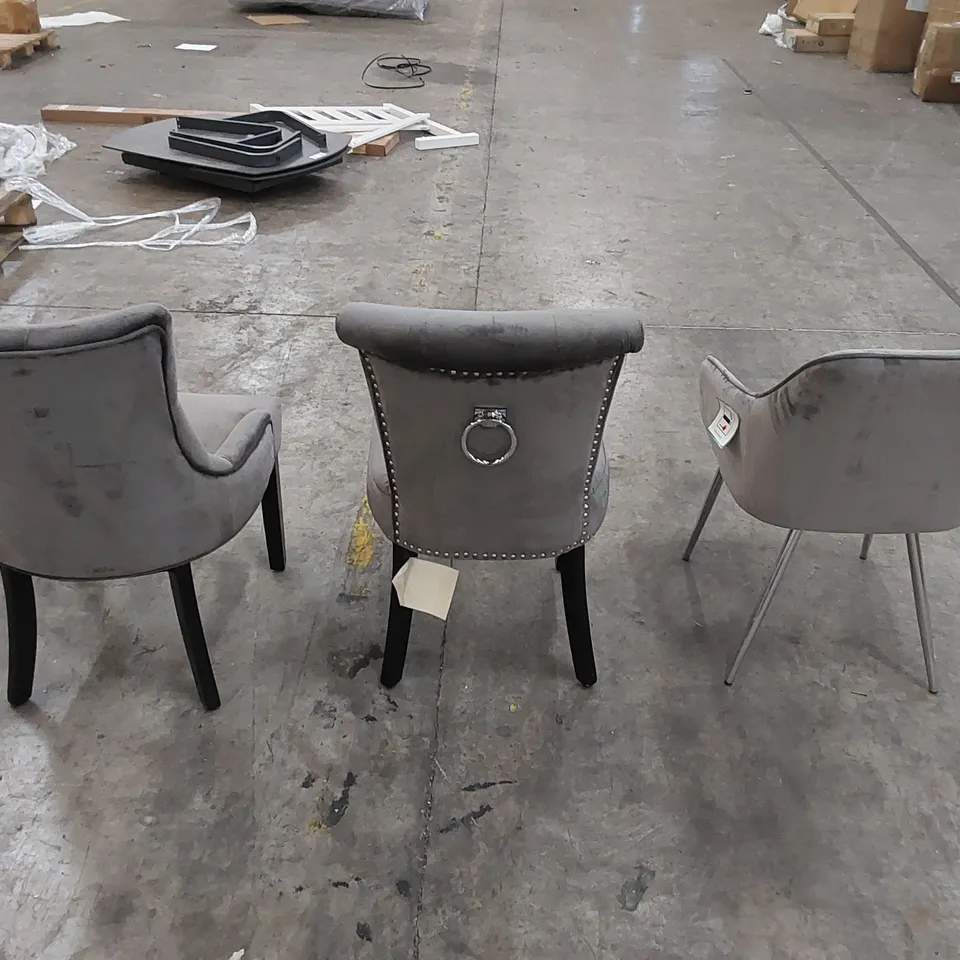 3 X ASSORTED UPHOLSTERED GREY VELVET CHAIRS 