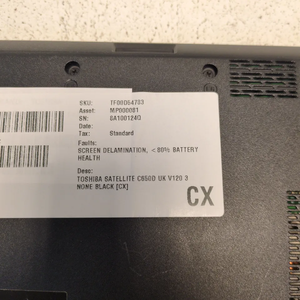 TOSHIBA SATELLITE C650D LAPTOP – BLACK, UK KEYBOARD (FAULTY: SCREEN DELAMINATION)