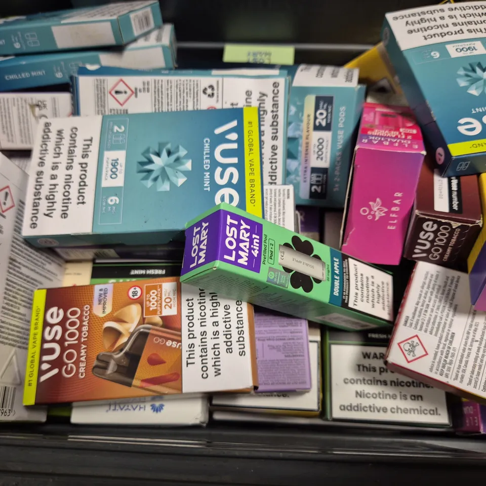 APPROXIMATELY 20 ASSORTED E-CIGARETTE PRODUCTS TO INCLUDE - VUSE POD PACK , VUSE GO 1000 , LOST MARY 