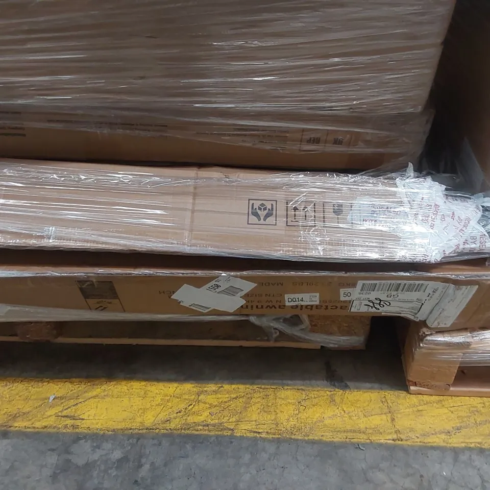 PALLET CONTAINING A LARGE QUANTITY OF ASSORTED CONSUMER PRODUCTS INCLUDING: RETRACTABLE AWNINGS, BLENDER, KICK SCOOTER, VACUUM CLEANER ECT