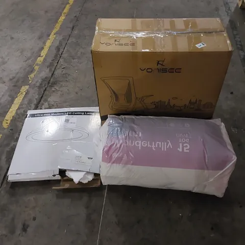 PALLET TO CONTAIN ASSORTED HOUSEHOLD ITEMS AND CONSUMER PRODUCTS. INCLUDING OFFICE CHAIR, DUVET, CEILING LIGHT, AIR BED, BOXED FURNITURE ETC