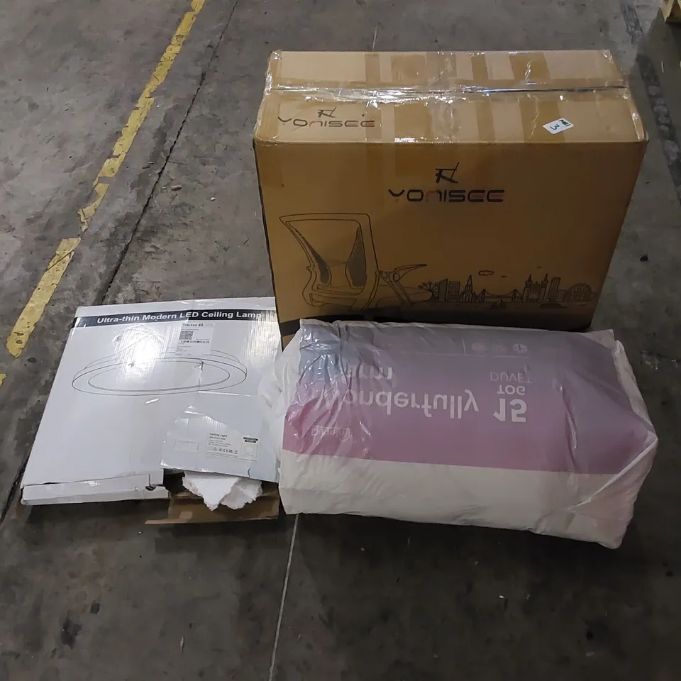 PALLET TO CONTAIN ASSORTED HOUSEHOLD ITEMS AND CONSUMER PRODUCTS. INCLUDING OFFICE CHAIR, DUVET, CEILING LIGHT, AIR BED, BOXED FURNITURE ETC