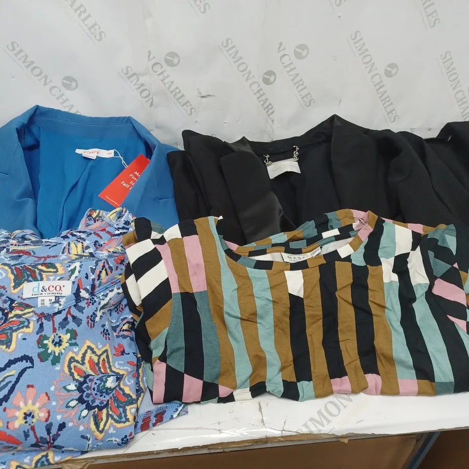 LARGE BOX OF ASSORTED CLOTHING ITEMS TOO INCLUDE TOPS , DRESSES AND BLAZERS COMING IN DIFFERENT COLOURS AND SIZES 