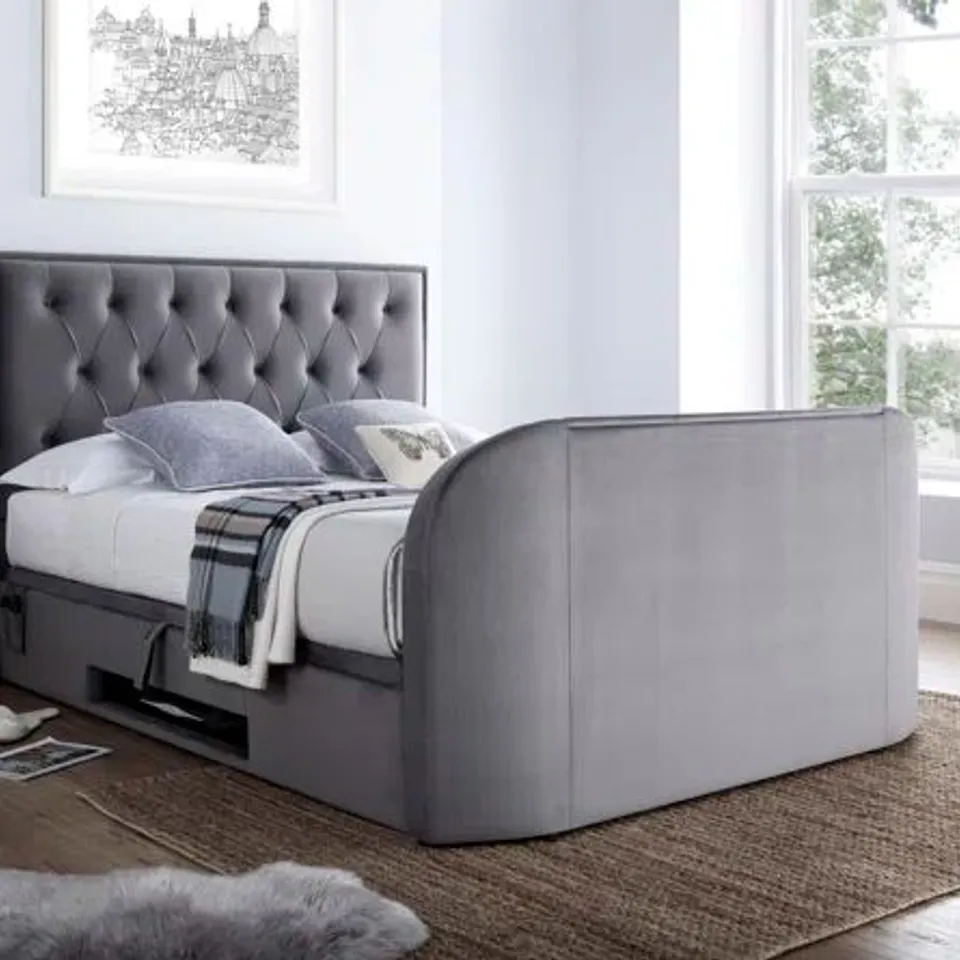 BOXED AMERIGA UPHOLSTERED LYON OTTOMAN KING SIZED TV BED GREY VELVET (4 BOXES)