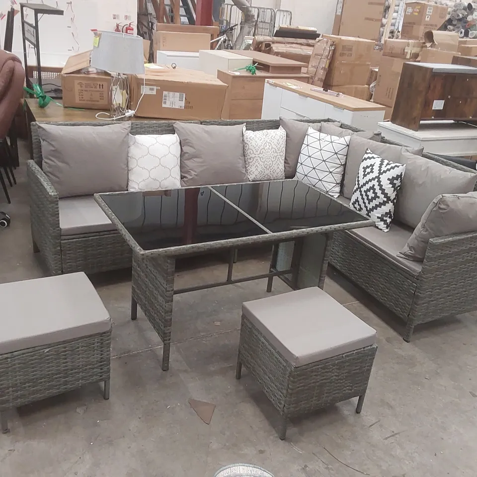 DESIGNER RATTAN CORNER SOFA WITH TABLE, STOOLS AND CUSHIONS
