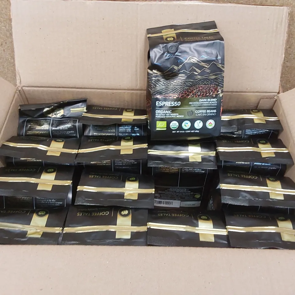 BOX OF APPROX 16 X BAGS OF COFFEE TALES DARK BLEND ESPRESSO COFFEE BEANS - 454g PER BAG // EXP: 27/04/25