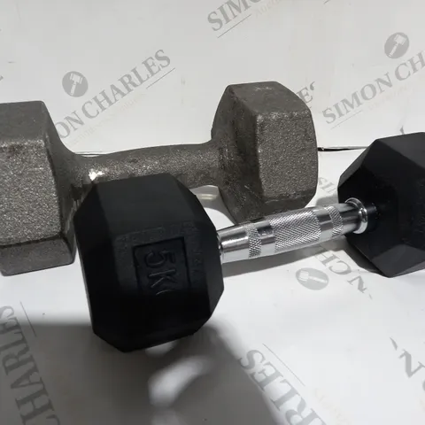 TWO WORKOUT DUMBBELLS 1 X 5KG & 1 X 10KG