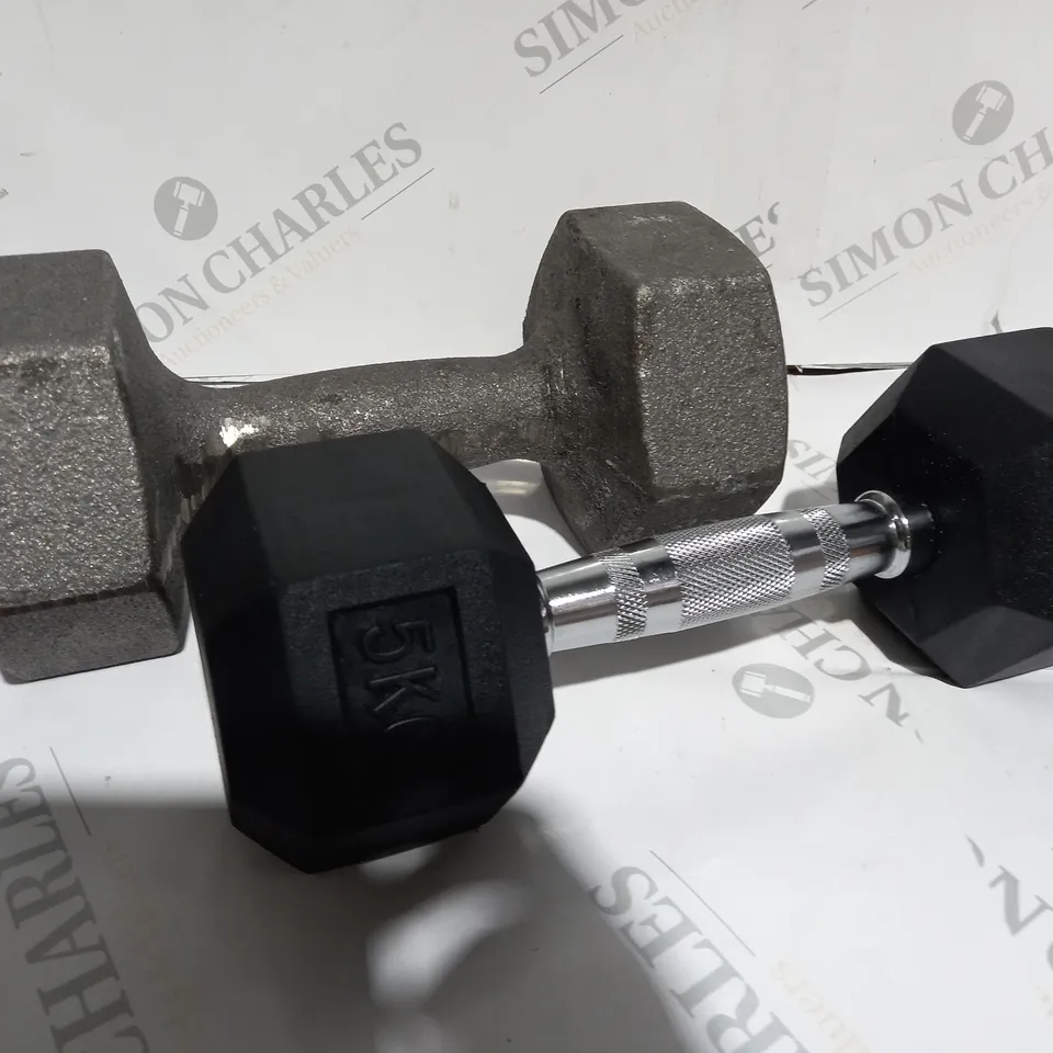 TWO WORKOUT DUMBBELLS 1 X 5KG & 1 X 10KG