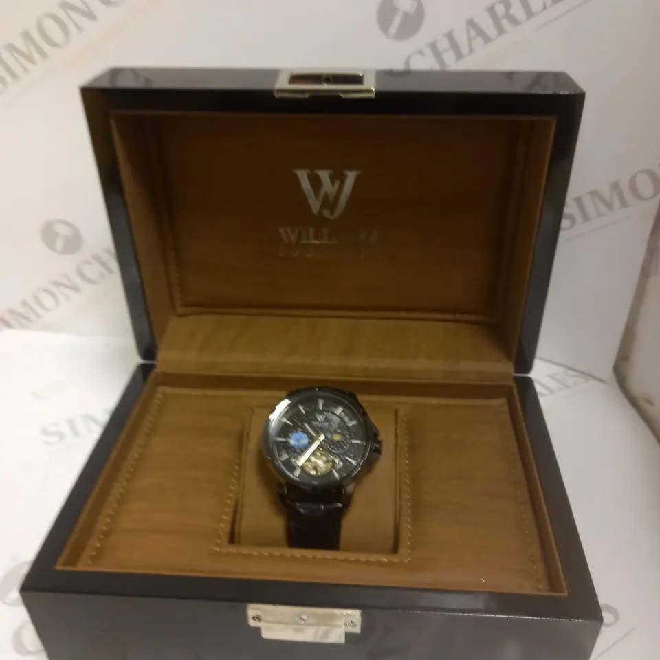 MENS WILLIAM JOURDAIN AUTOMATIC 2580 WATCH – OPEN HEART MOVEMENT WITH SUB DIALS – GLASS EXHIBITION BACK CASE – BLACK GENUINE LEATHER STRAP