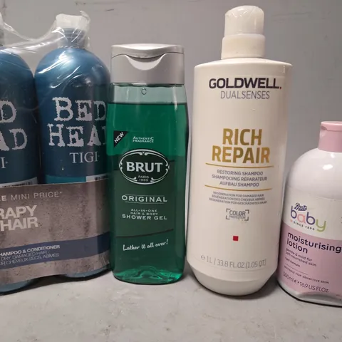 APPROXIMATELY 13 ASSORTED HEALTH & BEAUTY ITEMS TO INCLUDE - BED HEAD THERAPY FOR HAIR , BRUT SHOWER GEL , GOLDWELL RICH REPAIR ETC