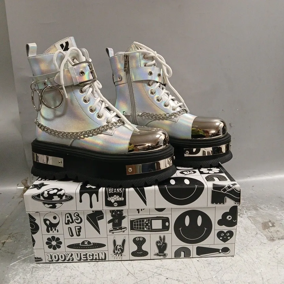 BOXED PAIR OF KOI BORIN HARDWARE PLATFORM BOOTS IN SILVER HOLOGRAM SIZE UK 3