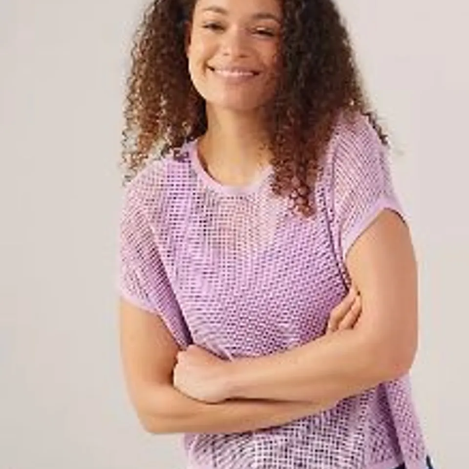 WYNNELAYERS SHORT SLEEVE MESH KNIT TOP ORCHID LARGE