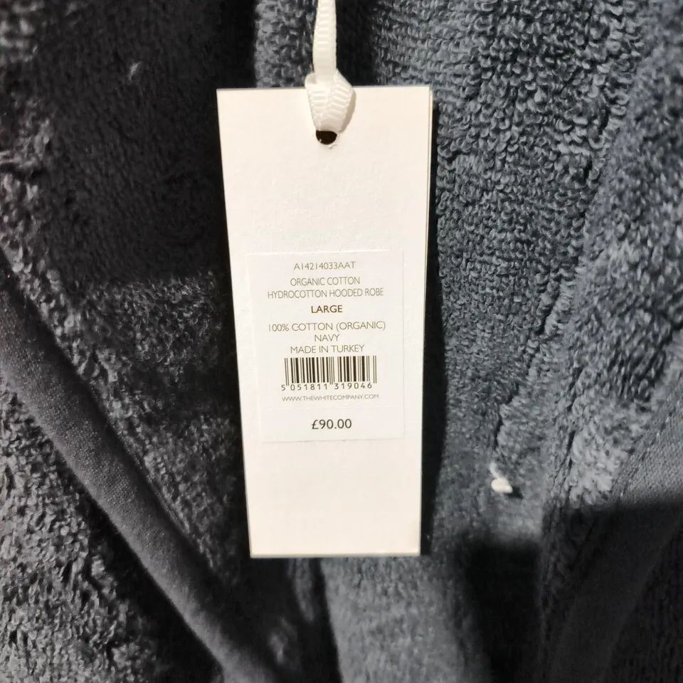 THE WHITE COMPANY ORGANIC COTTON HYDROCOTTON HOODED ROBE – NAVY, LARGE