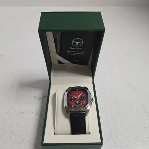 MANN EGERTON WRISTWATCH WITH RED CHRONOGRAPH DIAL, LEATHER STRAP, IN GREEN PRESENTATION BOX
