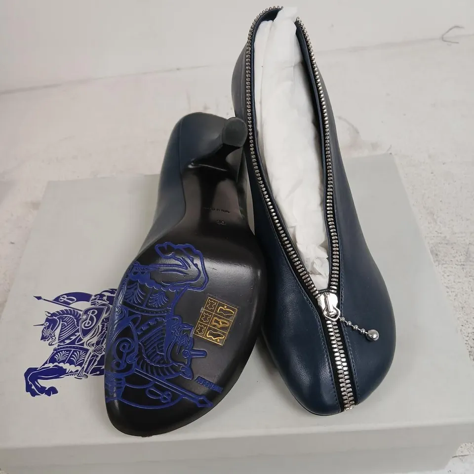 BURBERRY NAVY LEATHER ZIP-FRONT HIGH-HEEL BOOTS, UK 2 / EU 35