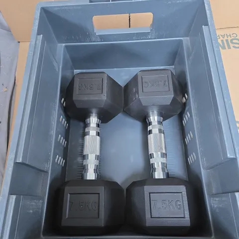 PAIR OF 7.5 KG RUBBER-COATED HEX DUMBBELLS