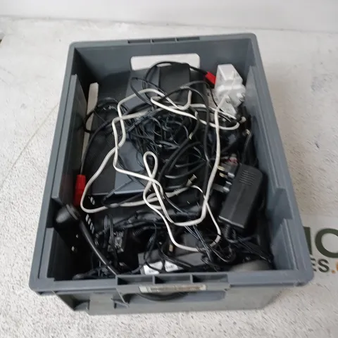 BOX CONTAINING A MIX OF APPROXIMATELY 15 ASSORTED ITEMS INCLUDING ROUTERS, REMOTES, PLUGS ETC. 