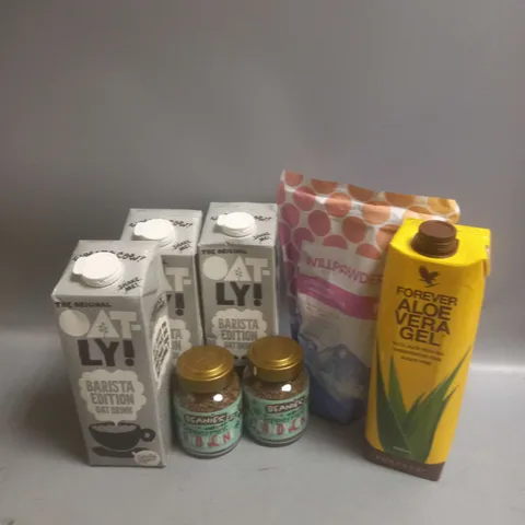 TOTE OF APPROX 8 ASSORTED FOOD ITEMS TO INCLUDE - OAT OAT DRINK 1L - FOREVER ALOE VERA GEL - WILLPOWDERS COLLAGEN PEPTIDES ETC
