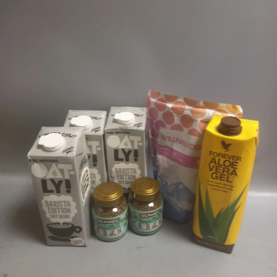TOTE OF APPROX 8 ASSORTED FOOD ITEMS TO INCLUDE - OAT OAT DRINK 1L - FOREVER ALOE VERA GEL - WILLPOWDERS COLLAGEN PEPTIDES ETC