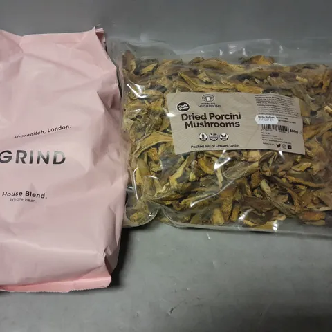 TOTE OF APPROXIMATELY 3 ASSORTED FOOD ITEMS TO INCLUDE -DRIED PROCINI MUSHROOM , GRIND HOUSE BLEND 