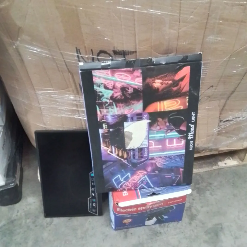 PALLET CONTAINING A LARGE QUANTITY OF ELECTRICAL PRODUCTS TO INCLUDE;NEON LAMP,ELECTRIC SPRAY GUN,PORTABLE MONITOR 