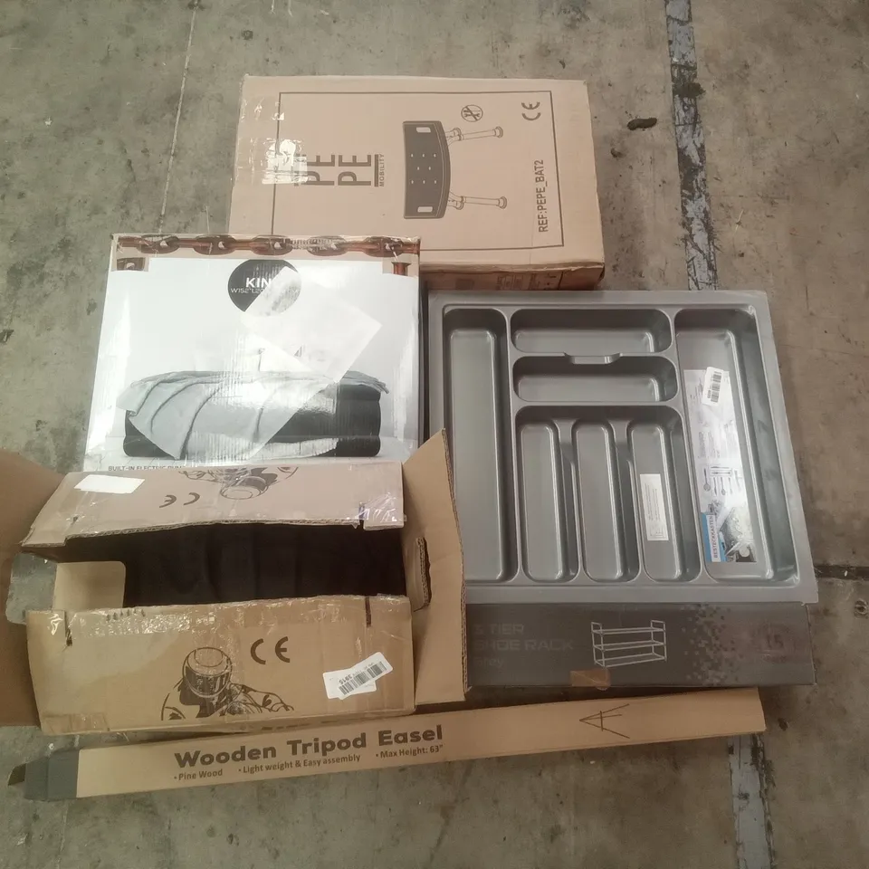 PALLET OF ASSORTED ITEMS INCLUDING WOODEN TRIPOD EASEL, CUTLERY ORGANISER, MOTORCYCLE HELMET, 3 TIER SHOE RACK, KING AIR BED, PEPE STOOL