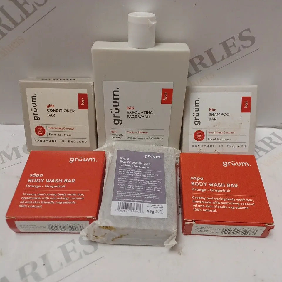BOX OF GRUUM FACE WASH, SHAMPOO BAR, CONDITIONER BAR, THREE BODY WASH BARS