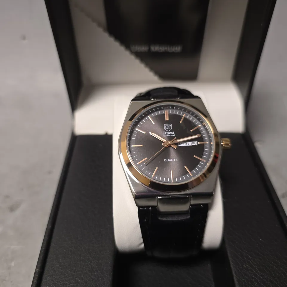 ERNEST FERDINAND WATCH – DAY DATE CALENDAR DIAL – LEATHER STRAP – 3ATM WATER RESISTANT - GIFT BOX