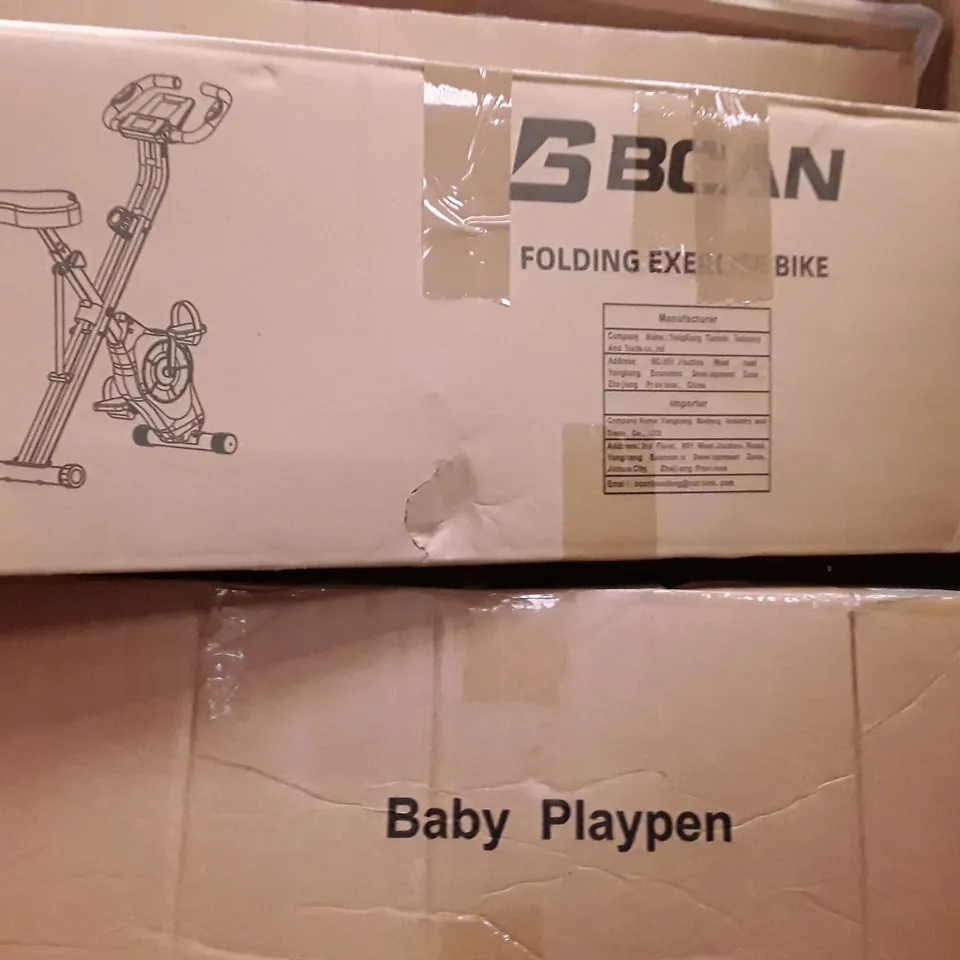 PALLET OF ASSORTED HOUSEHOLD ITEMS TO INCLUDE BRANDSON PEDESTAL FAN, BABY PLAYPEN AND FOLDING EXERCISE BIKE