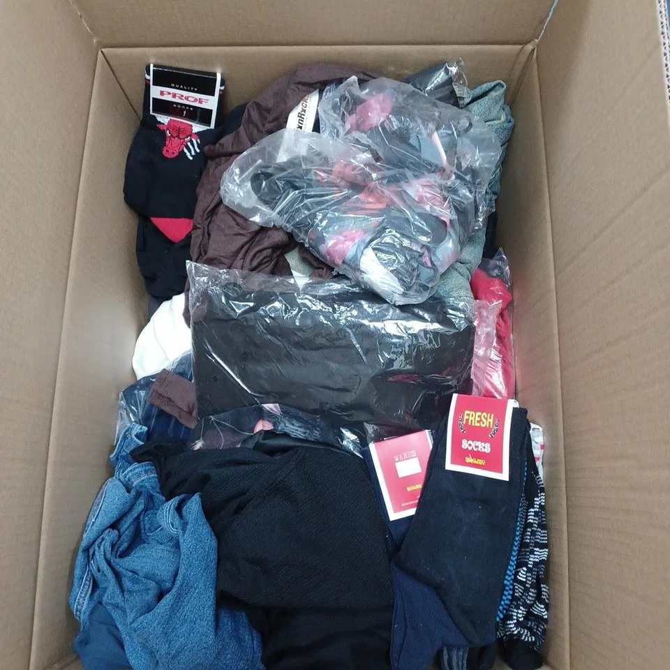 BOX OF ASSORTED CLOTHING ITEMS TO INCLUDE LEGGINGS, UNDERWEAR, TOPS ETC 