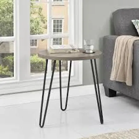 BOXED OWEN ROUND END TABLE GREY OAK