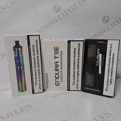 APPROXIMATELY 20 ASSORTED E-CIGARETTE PRODUCTS TO INCLUDE INNOKIN ENDURA T20 S, INNOKIN ENDURA T18E, UWELL CALIBURN A3 POD SYSTEM