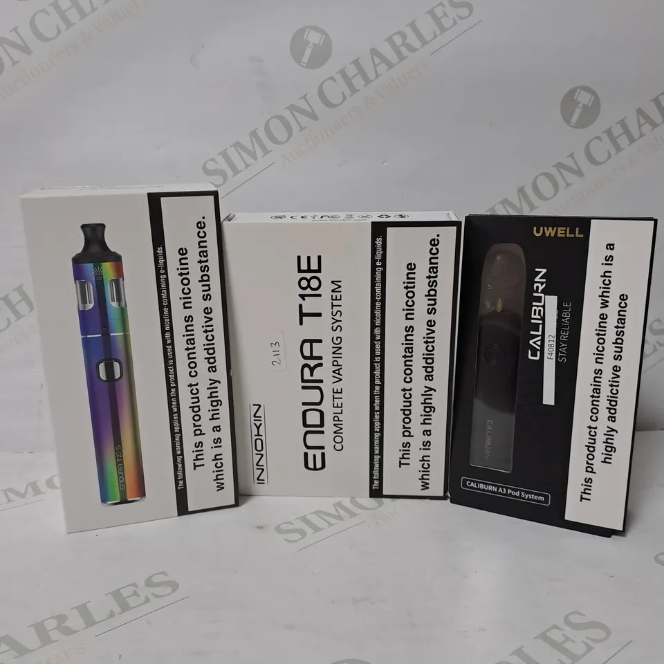 APPROXIMATELY 20 ASSORTED E-CIGARETTE PRODUCTS TO INCLUDE INNOKIN ENDURA T20 S, INNOKIN ENDURA T18E, UWELL CALIBURN A3 POD SYSTEM 