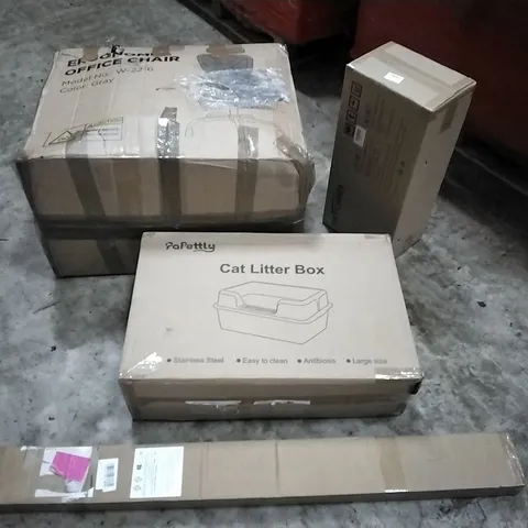 PALLET OF HOUSEHOLD ITEMS TO INCLUDE SCRATCHING POST,  STEAM CLEANER,  ERGONOMIC OFFICE CHAIR, CAT LITTER BOX,  CURTAIN RAIL AND OTHER ASSORTED ITEMS...