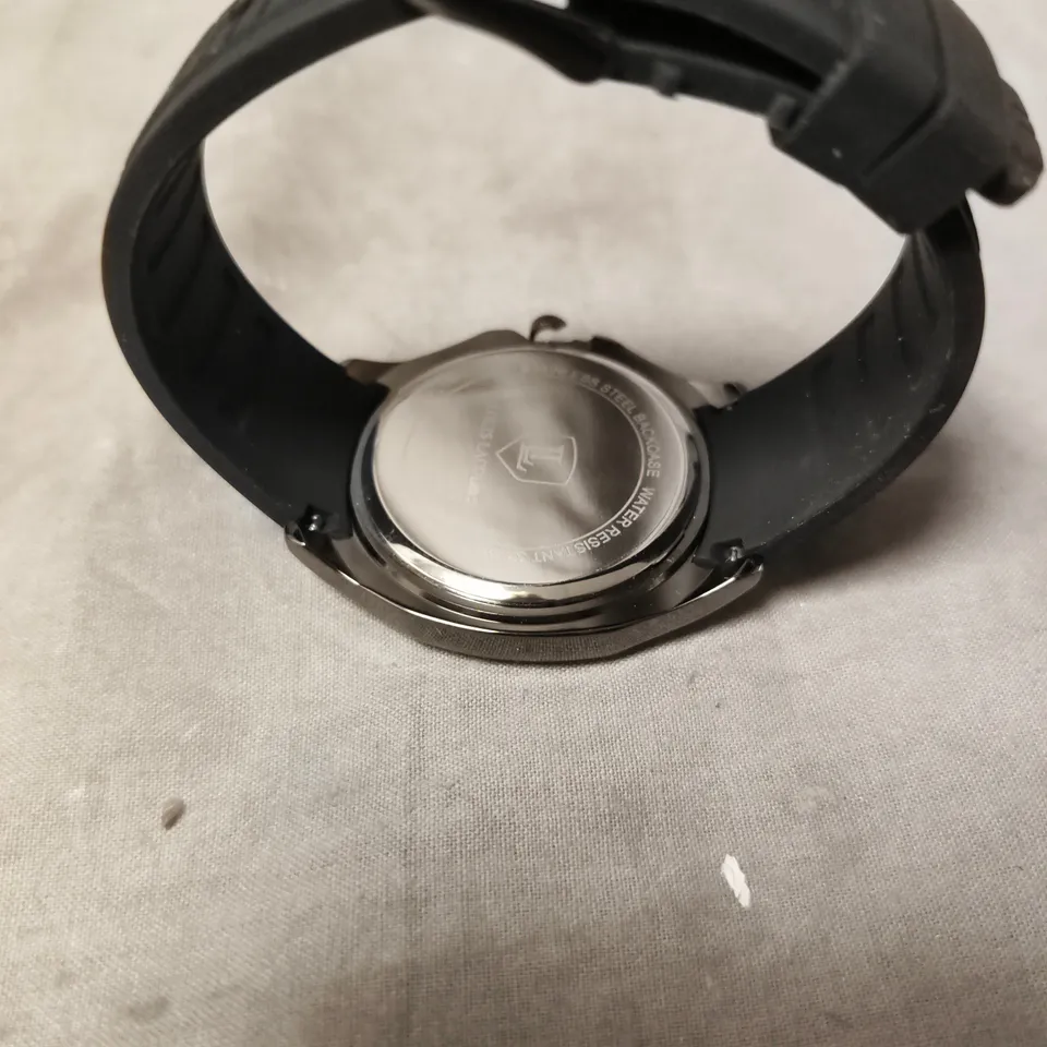 MENS LOUIS LACOMBE BLACK RUBBER STRAP NAVY DIAL WATCH - DATE DIAL