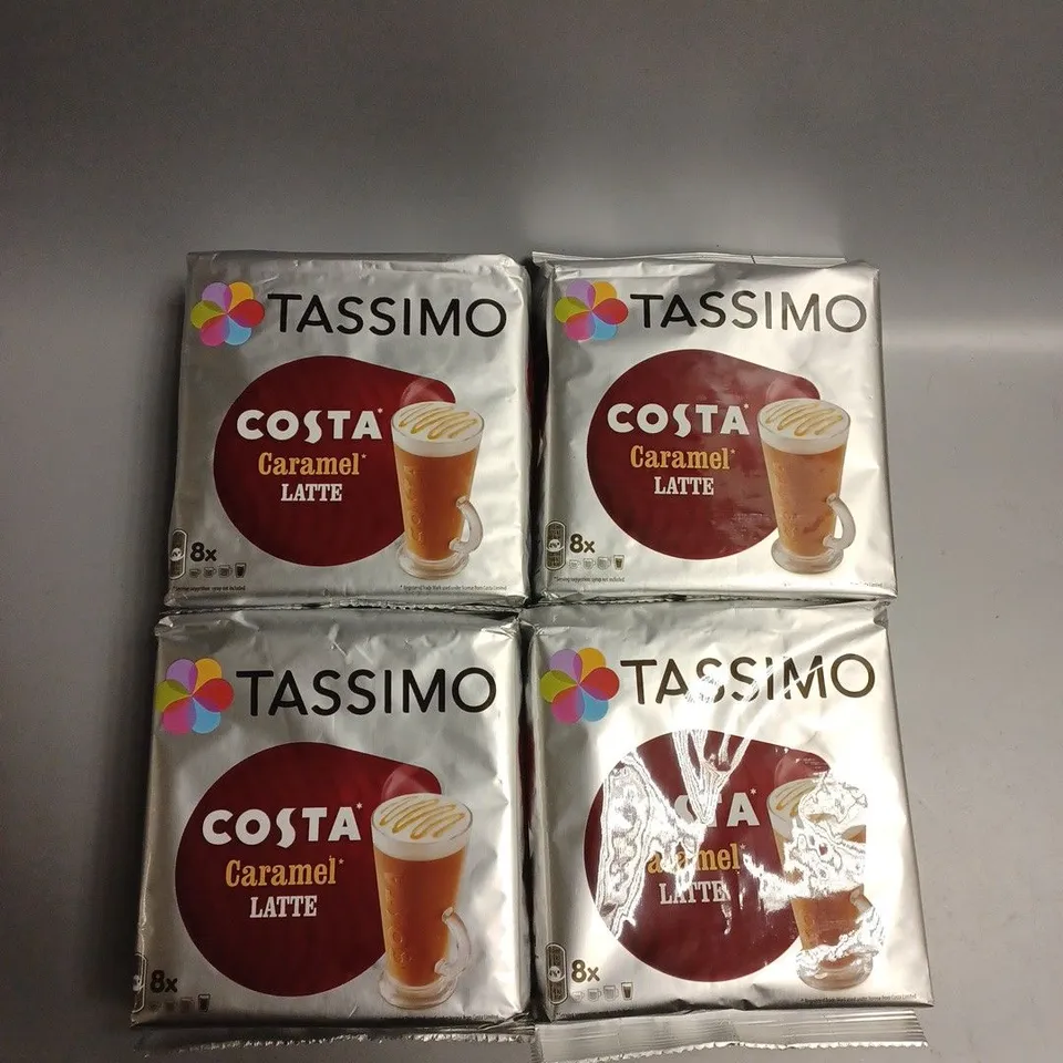 4 X SEALED (8 PODS PER PACK) TASSIMO COSTA CARAMEL LATTE COFFEE PODS