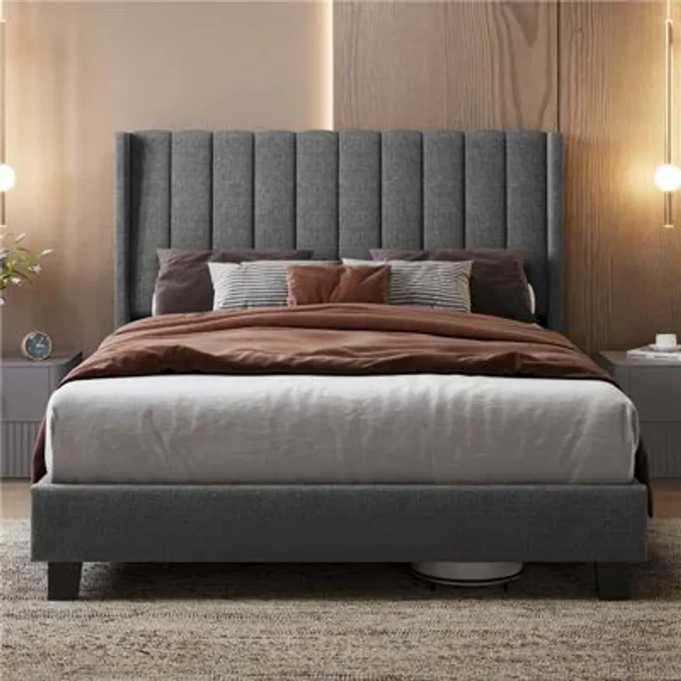 BOXED YAHEETECH UPHOLSTERED BED FRAME WITH CHANNEL TUFTED HEADBOARD - DARK GREY // SIZE: 5FT KING (2 BOXES) 