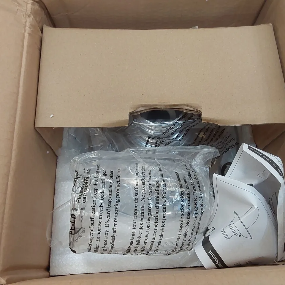 BOXED MINISUN UKAI 1-LIGHT PENDANT CHROME LAMP SHADE NON  ELECTRIC, CLEAR GLASS (1 BOX)