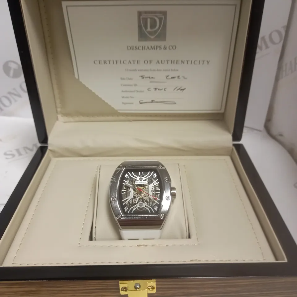 MENS AUTOMATIC DESCHAMPS & CO WATCH – SKELETON DIAL – GLASS EXHIBITION BACK CASE – RUBBER STRAP – WOODEN GIFT BOX 